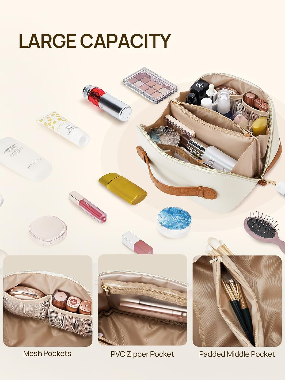 Makeup Bag Large Capacity Travel Cosmetic Bag Portable PU Leather Water Resistant Makeup Organizer Bags for Women with Handle and Divider Open Flat Beige with Brown